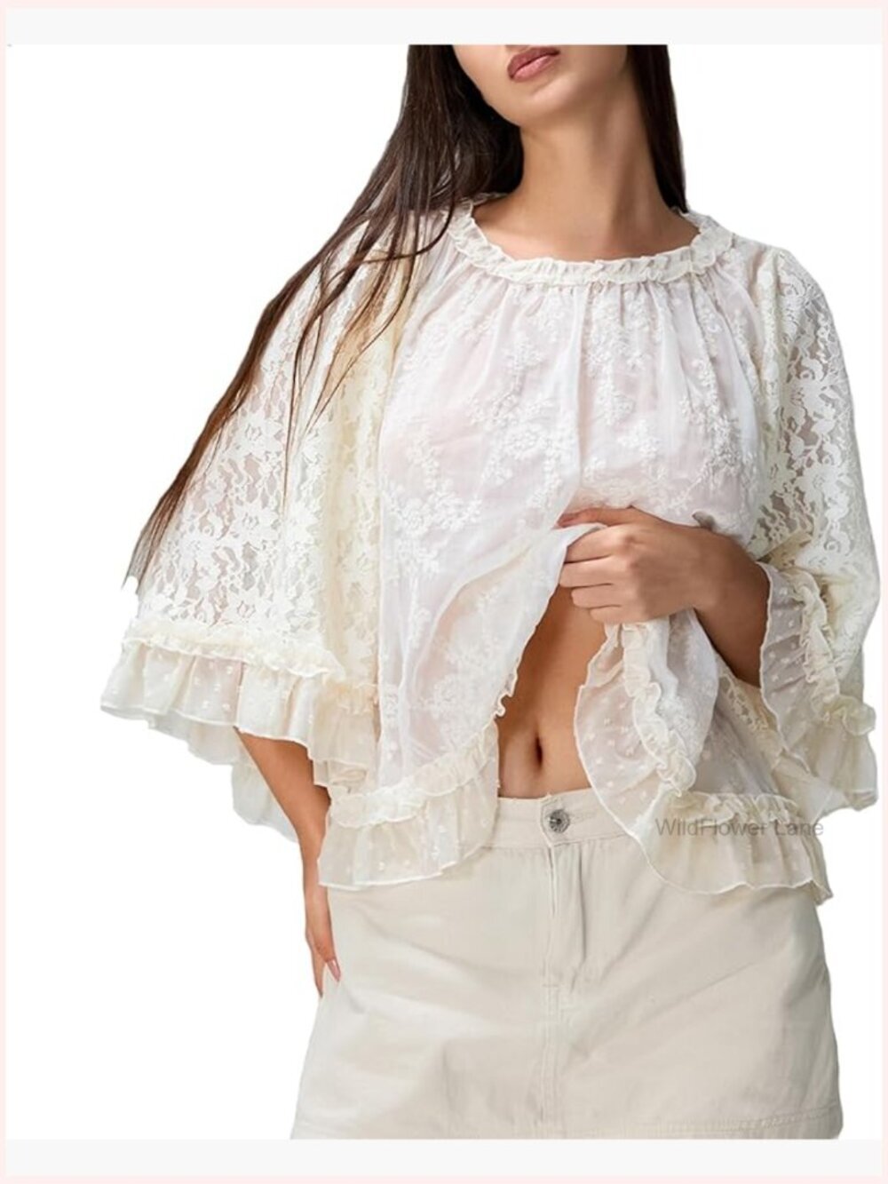 Boho Flowy Lace Sheer Shirt Ruffle Flare Sleeve Casual See Through Cover Up Top